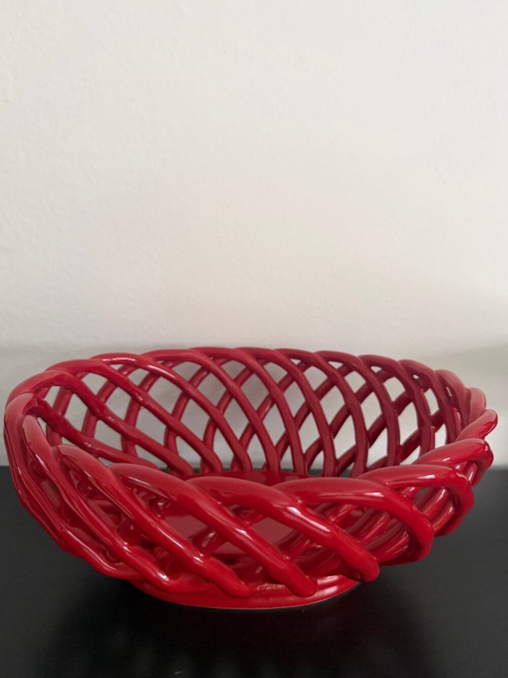 Vintage Four Corners Red Ceramic Open Lattice Fruit Basket Bowl 10" Woven Cntrpc